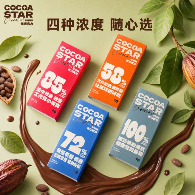 [主图-5] 多口味全家福展示，展示四种不同纯度的黑巧克力。[氛围风格] 大自然高奢小清新风。[画质] 商业摄影质感，光线柔和通透，产品清晰真实，画面干净高级。[元素] 四盒不同颜色包装的黑巧克力错落预览效果
