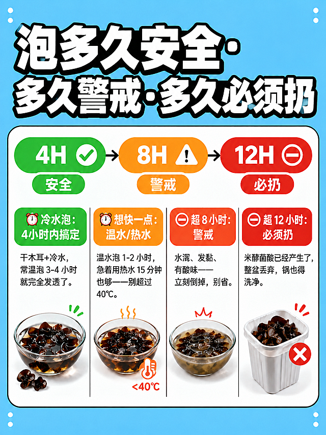 去掉图片右上角的黑木耳配图（那几朵堆叠的黑木耳插画和黄色小线条装饰），其余所有画面元素（大标题文字、时间轴三色块、四格说明、四碗木耳插画、背景天蓝色、圆点装饰等）完全保持不变，一个字都不要改，整体版式和尺寸保持原样。