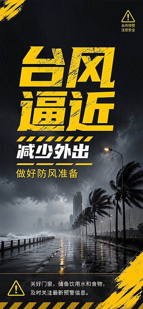 暑期台风逼近防灾科普宣传滨海暴雨街道黄黑磨损粗字纪实竖版海报