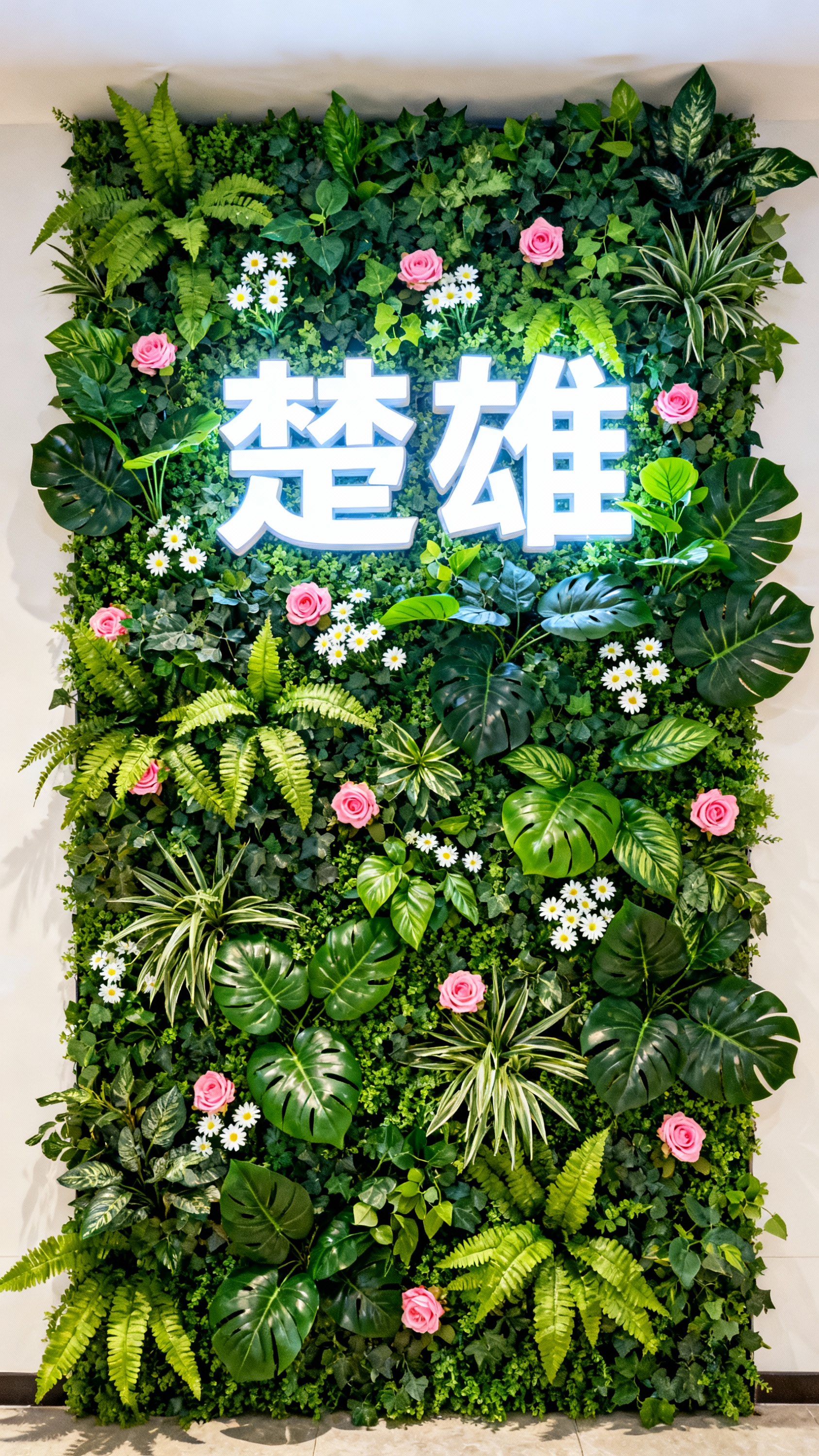 整面仿真绿植墙，装饰少量鲜花，并有楚雄白色发光字 - 图片创意预览
