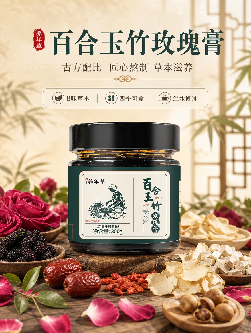 [商品] 使用【图1】百合玉竹玫瑰膏产品图；保留深绿色玻璃瓶身… - 图片创意预览
