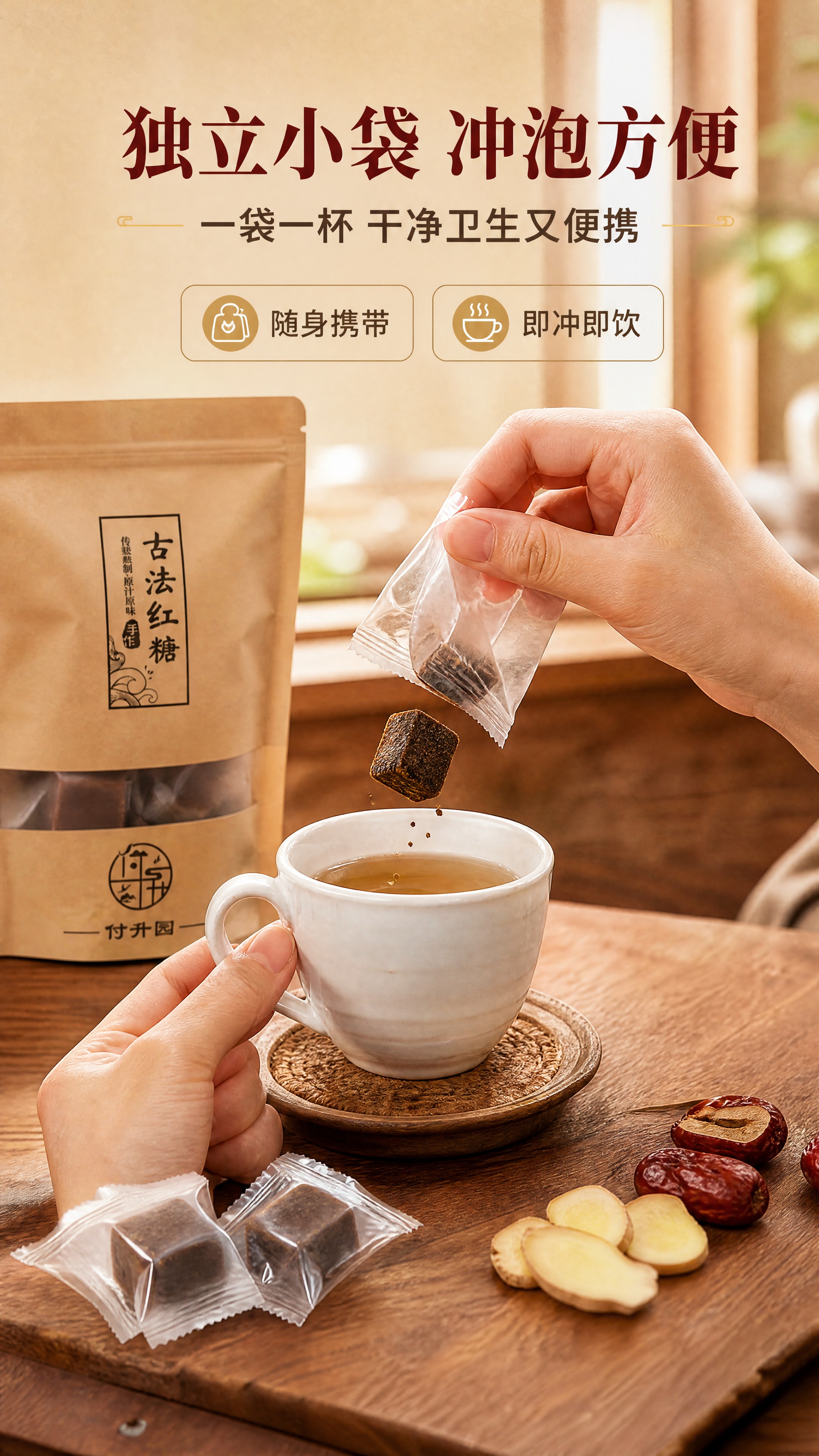 [商品] 使用【图1】付升园古法红糖独立小袋包装与红糖块；保留… - 图片创意预览