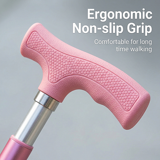 Main Image 4: Detail close-up of the grip handle, macro close-up of the pink T-shaped handle of the cane, which exactly matches the shape and color of the original product. Highlight the soft non-slip texture of the rubber handle. Place the large title "Ergonomic Non-slip Grip" in the upper right corner, smaller text "Comfortable for long time walking", all text in English, soft light gray background, clear texture, product details consistent with original image, Amazon compliant.