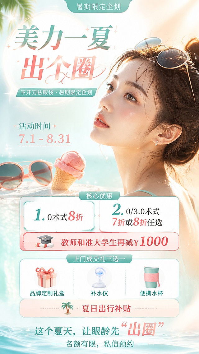 医美暑期活动海报，参考参考图片[image2]的风格，保留所有文案内容不变，采用精致人像背景风格，整体高级质感，光影柔和。主标题："美力一夏 出个圈"，副标题："不开刀祛眼袋 · 暑期限定企划"，活动时间："7.1 - 8.31"，核心优惠：1.0术式8折，2.0/3.0术式7折或8折任选，教师和准大学生再减¥1000，上门成交礼三选一，夏日出行补贴，底部slogan："这个夏天，让眼龄先'出圈'—— 名额有限，私信预约 ——"。主色调保留清爽薄荷绿+珊瑚粉+香槟金，添加亚洲年轻精致女性人像侧面，背景带发光光晕和夏日渐变，保留太阳镜、冰淇淋夏日装饰元素，信息分区清晰，文字全部清晰可读，版式精美，9:16竖版。