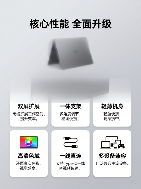 [详情页2 核心卖点总览] aigo14寸双屏便携显示器核心卖点阵列
[氛围风格] 简约科技风，清晰直观
[画质] 高清商业设计，干净高级
[元素] 产品折叠小图放顶部，下方六宫格卡片展示六大核心卖点预览效果