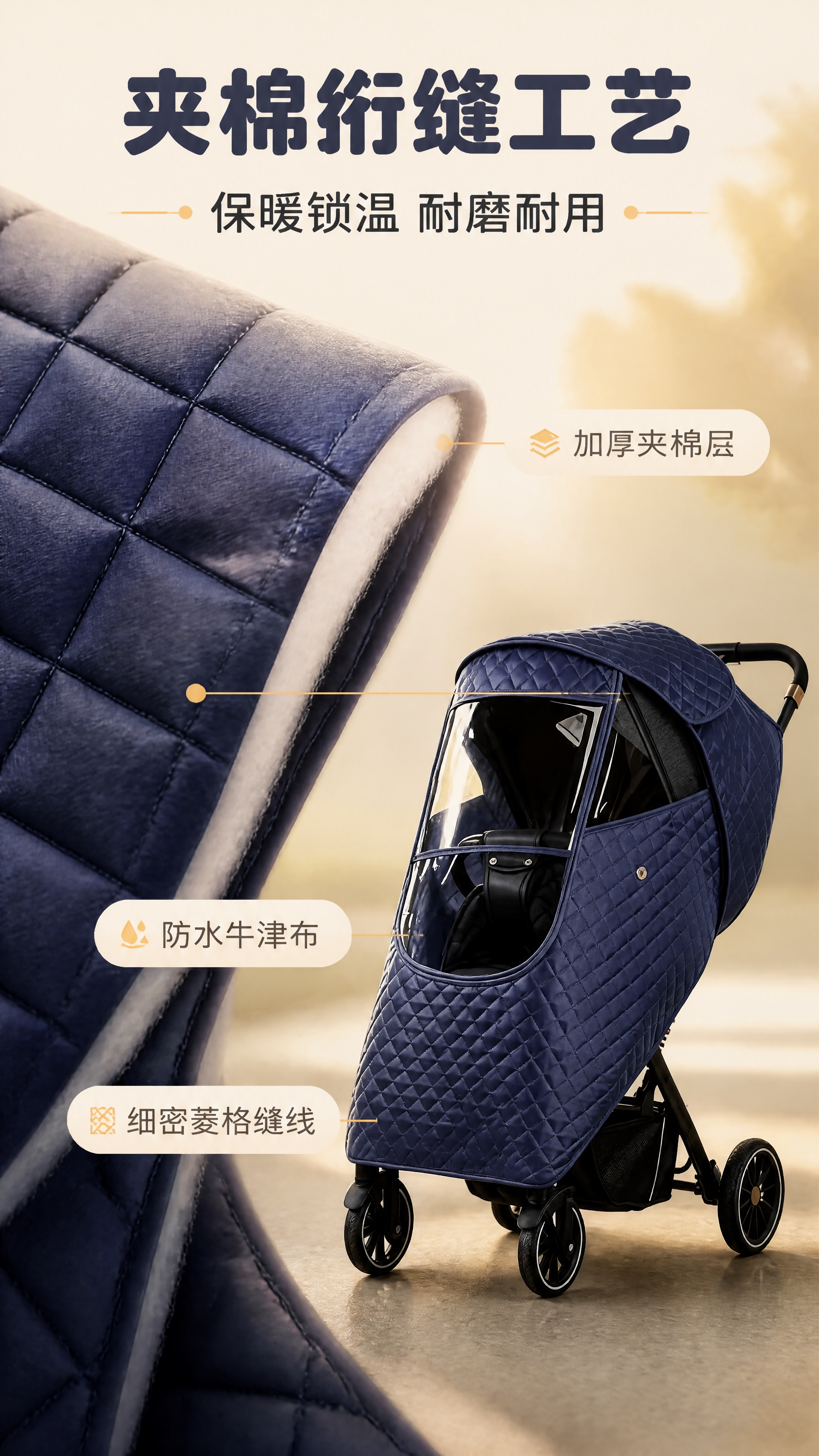 [商品] 使用【图1】藏青色全包裹婴儿车防风防雨罩；保留菱格绗… - 图片创意预览