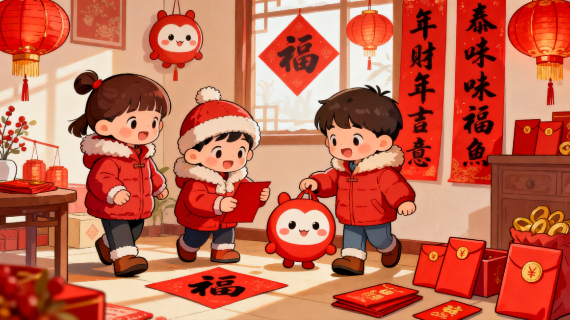 全新红色卡通风格PPT内页，年味红色主题，三个小朋友找红色年味物品，加上可爱卡通灯笼、春联、红包元素，线条圆润，色彩明亮，适合小学儿童风格预览效果