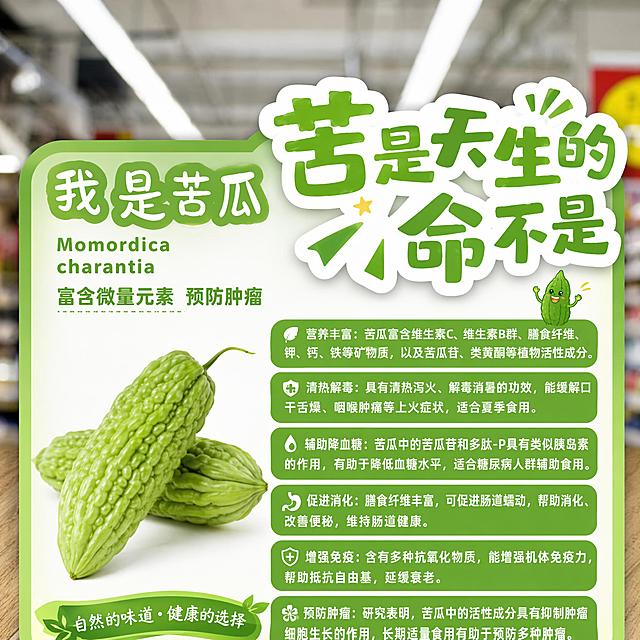 参考图中超市立体商品展示牌的画风与版式，生成苦瓜主题展示牌。保留参考图版式骨架：左侧大标题+苦瓜实物图+右侧科普介绍文字+圆角异形牌面+底部白色支架。主标题为大字「苦是天生的 命不是」，副标题为「我是苦瓜」「Momordica charantia」「富含微量元素 预防肿瘤」。画面中有新鲜苦瓜实物图。介绍区域填充完整的苦瓜营养与功效介绍文字。整体浅绿色系配色，活泼可爱卡通风格，圆角异形展示牌。背景为模糊的超市场景。画面中所有信息区域必须填充完整合理的内容，不得出现空白框。版式精美，文字清晰可读。