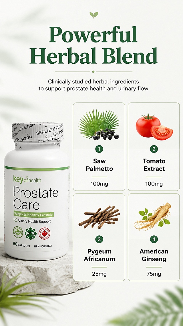 [第3屏] 天然草本成分解析，展示Key of health Prostate Care核心配方。本屏使用产品成分表信息，采用四宫格布局展示核心成分。
[氛围/风格] 专业科学成分展示风格，自然绿色元素点缀，干净清爽。
[元素布局] 顶部大标题，下方2×2四宫格，每宫格展示一个核心成分，标注成分名称和含量，左侧保留完整产品瓶身展示，占比约30%。成分信息清晰排列，不遮挡产品。
[光影质感] 均匀柔光，每个宫格清晰分隔，文字清晰无模糊。
[配色色系] 全局底色 #F5F8F5，主色：深绿色标题，黑色文字，浅绿色宫格边框。
[视角构图] 左产品右四宫格，左右分栏，左右宽度比例3:7，信息分区清晰。
[文字版式] 顶部标题「Powerful Herbal Blend」，四宫格分别展示：1. Saw Palmetto 100mg；2. Tomato Extract 100mg；3. Pygeum Africanum 25mg；4. American Ginseng 75mg。每个成分标注简洁，文字大小适中，清晰可读。
[比例分辨率] 9:16 竖版比例，4K分辨率，文字清晰可辨，高清画质。
[负向提示词] 成分信息错误，产品变形，文字错乱，中文字符，虚假宣传，水印