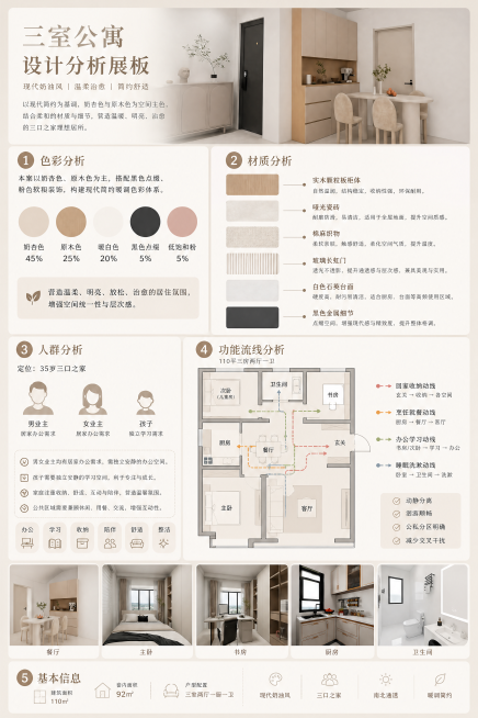 设计一张现代奶油风三室公寓设计分析展板，分为四个清晰板块：1.色彩分析图：分析本公寓以奶杏色原木色为主，搭配黑色点缀、粉色装饰的现代简约暖调色彩体系；2.材质分析图：分析空间使用的实木颗粒板柜体、哑光预览效果