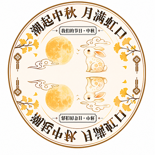 将参考图沿底部水平边向下垂直镜像翻转，生成完整的圆形地贴图案。上半部分保持原样（含"潮起中秋 月满虹口"标题、"我们的节日·中秋"小标题、满月、玉兔、银杏叶、祥云、中国结挂饰），下半部分为上半部分的镜像对称图案，文字也随之镜像翻转呈上下对称布局，整体为完整正圆形，米黄色底色配金色描边，国潮中式风格，超高清精细画质