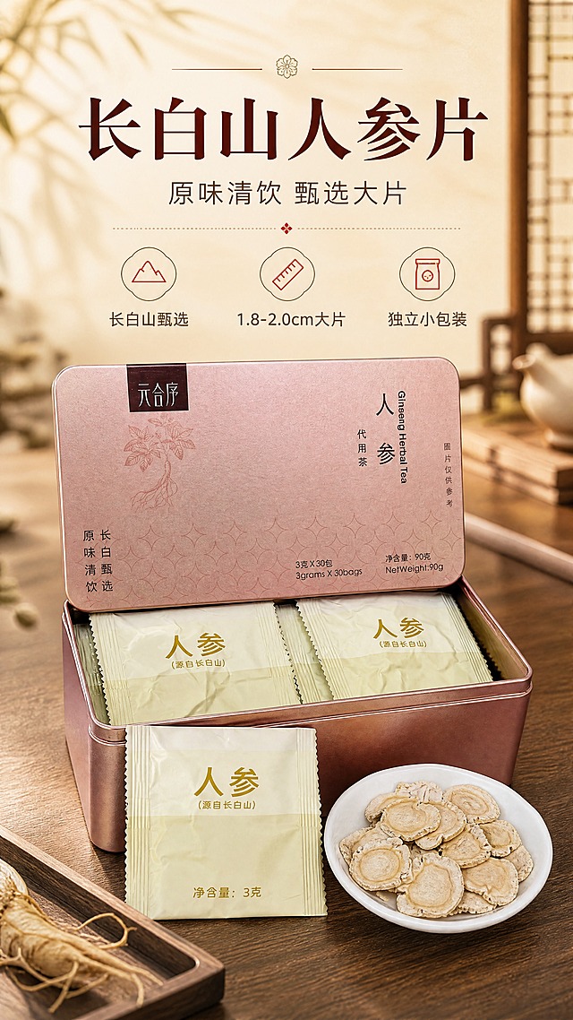 [商品] 使用【图8】人参片铁盒+独立小袋+白碟人参片组合图；保留玫瑰金铁盒外观、元合序Logo、人参代用茶字样、3克×30包/90克文字、米黄色独立小袋包装文字、白碟中人参片形态与颜色；商品处理：保持铁盒金属质感与圆角，小袋包装文字清晰，人参片纹理自然，不改变产品结构与颜色。
[画面] 目标：高端滋补代用茶头图海报，建立长白山人参片品质第一印象。构图：上文下图，顶部1/3留白放标题，下方2/3为产品主体。主体位置：画面中下部，铁盒开盖展示内袋，前方摆独立小袋与人参片白碟，呈三角陈列。主体占比：约65%。景别：中景。阅读动线：从上至下，先看标题再看产品。前中后景：前景人参片特写点缀，中景铁盒+小袋+白碟主体，后景暖调虚化新中式背景（浅木色桌面+暖光）。场景：雅致中式桌面，自然光从左上方照射，营造温润滋补氛围。
[视觉] 套系策略：风格=新中式温润滋补商业摄影；标题字=宋体衬线粗体（雅致厚重）；正文字=简洁无衬线体；主色=暖米金+深棕红；背景延展=基于暖米金做深浅层级、同色渐变和细腻宣纸/木纹质感；强调色=朱砂红，仅用于小面积图标、引线和标签；标题色=深棕红；正文色=暖棕灰；组件=圆角浅金信息卡、细线引线、中式纹样点缀；光影=左前侧暖柔光，柔和阴影。
[文字] 顶部居中主标题："长白山人参片"，副标题："原味清饮 甄选大片"；下方配3个短卖点icon："长白山甄选""1.8-2.0cm大片""独立小包装"。文字区位于画面上半部分，不遮挡铁盒正面Logo与人参片主体。所有文字横排，字号保证手机端清晰可读。
[规格] 图片比例9:16竖版，4K，负向提示：避免变形、错字、文字过小、冷蓝/蓝灰背景、产品颜色改变、铁盒文字错乱、医疗功效表述、绝对化用语。