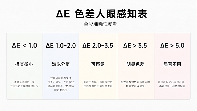 把大标题“ΔE色差等级对照表”改为“ΔE 色差人眼感知表”副标题“色彩准确性专业参考”改为“色彩准确性参考”