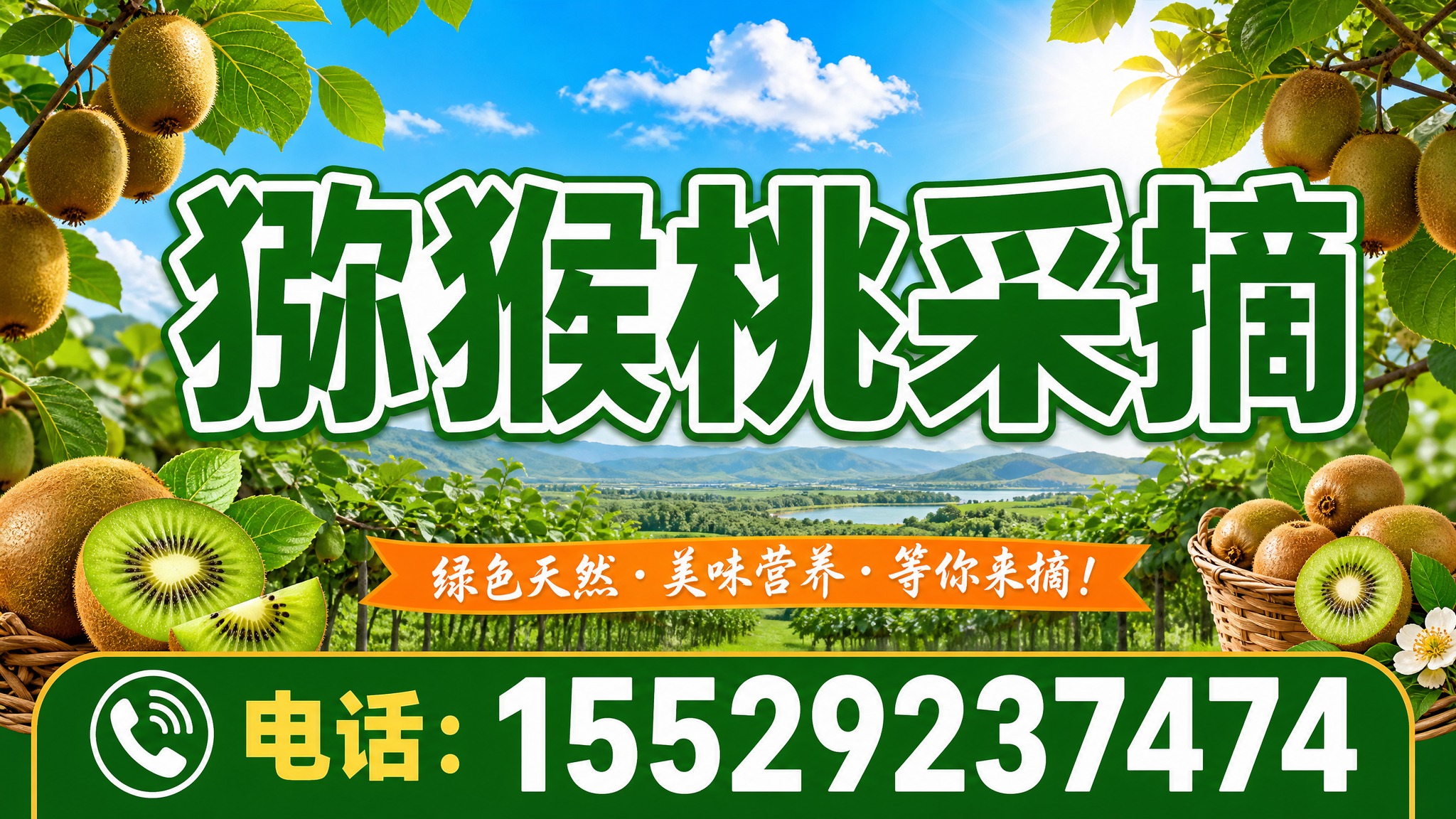 猕猴桃采摘户外喷绘海报，横版16:9比例，大气醒目，适合远距离… - 图片创意预览