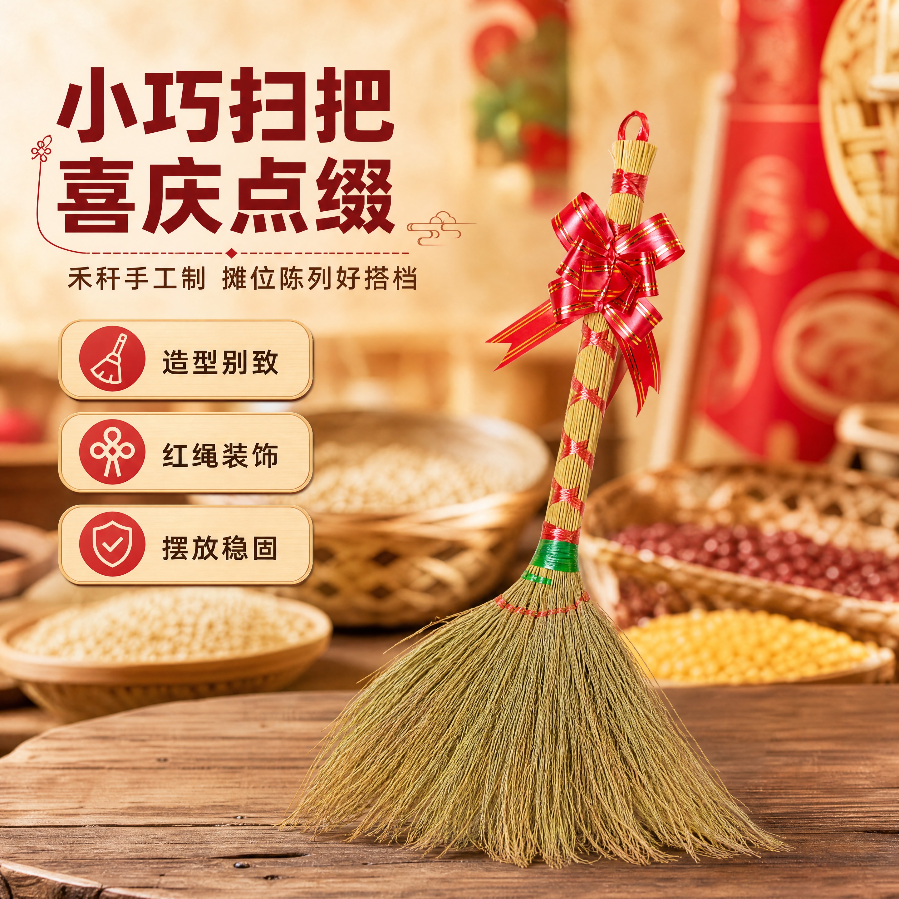 [商品] 使用【图1】小扫把斜款捆红绳；保留禾秆扫头、红绳捆扎… - 图片创意预览