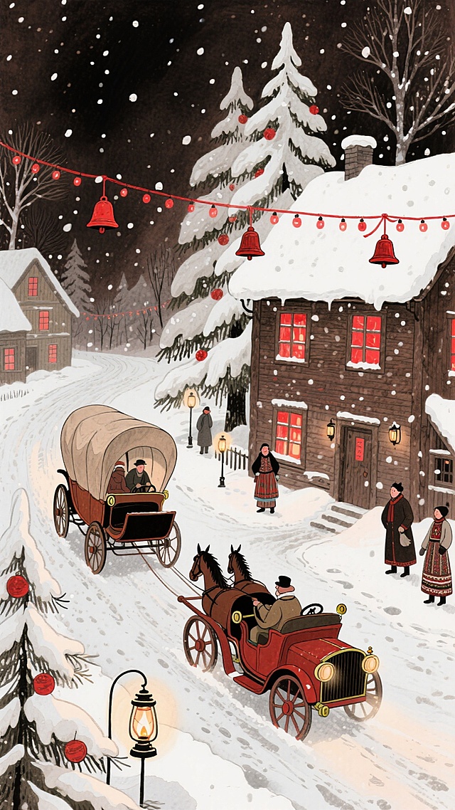 复古感插画风，厚涂手法营造温馨雪夜，拟人化人物与马车穿梭于红灯高挂的小镇，水彩质感融入油画光影，传递喜庆节日故事感。