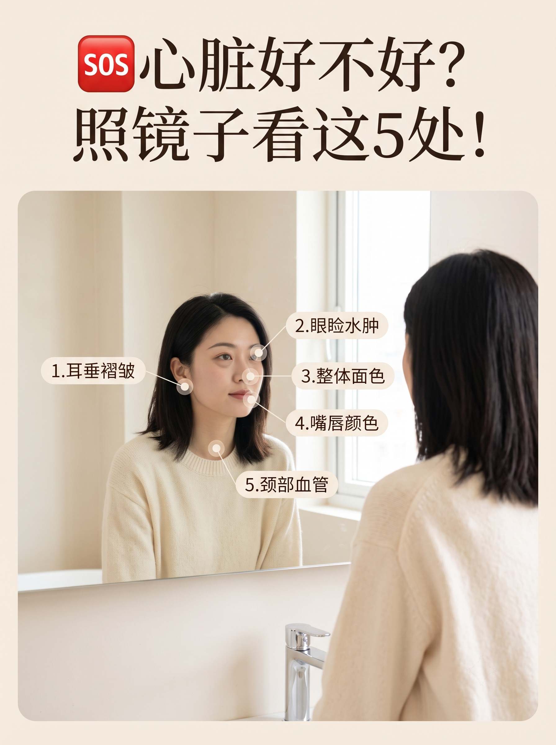 小红书3:4简约封面，标题文字"🆘 心脏好不好？照镜子看这5处… - 图片创意预览