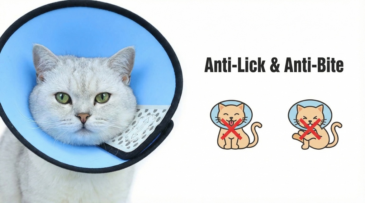 Close-up of a cat wearing the soft protective cone collar, with text "Anti-Lick & Anti-Bite" and ico预览效果