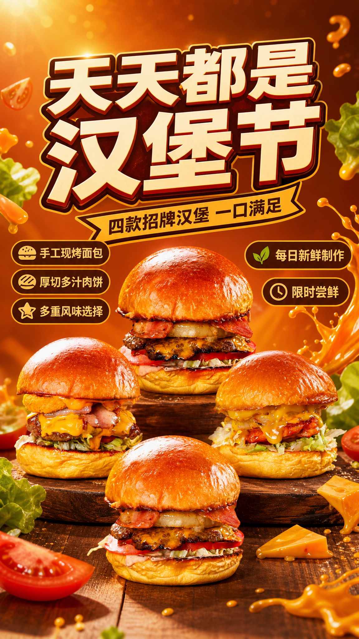 美食宣传海报，主题为「天天都是汉堡节」。画面中下部展示四款汉堡… - 图片创意预览