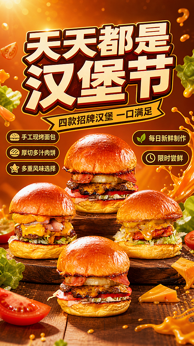 美食宣传海报，主题为「天天都是汉堡节」。画面中下部展示四款汉堡（按上传顺序图1、图2、图3、图4全部入画，保持各自外形、层次结构、面包色泽与食材原貌，比例自然不扭曲变形，以原图为唯一商品主体来源），采用前后错落、主大辅小的多商品陈列方式，主体清晰完整。背景为暖橙色渐变搭配深棕与金黄点缀，营造热闹丰盛的汉堡节食欲氛围；顶部有柔和暖光与轻微光斑，底部有木质台面承托，周围点缀少量生菜叶、番茄片、芝士与酱汁飞溅等食材元素作为氛围装饰，不遮挡主体。画面上半部为大标题区，主标题文字为「天天都是汉堡节」，副标题文字为「四款招牌汉堡 一口满足」，文字清晰锐利、不扭曲变形、字号醒目易读。画面左右两侧或负空间分布三个卖点短标签：「手工现烤面包」「厚切多汁肉饼」「多重风味选择」，以及辅助标签「每日新鲜制作」「限时尝鲜」。整体为写实商业摄影风格，高饱和度暖色调，食欲感强，版式精美，层级分明，四周留有安全边距，文字不贴边、不遮挡汉堡主体。画面中所有文字必须清晰可读、字形端正、无扭曲变形；所有汉堡图片保持原始比例与结构，不拉伸、不变形、不改变食材层次。画面中所有信息区域和标签必须填充完整合理的内容，不得出现空白框或占位。