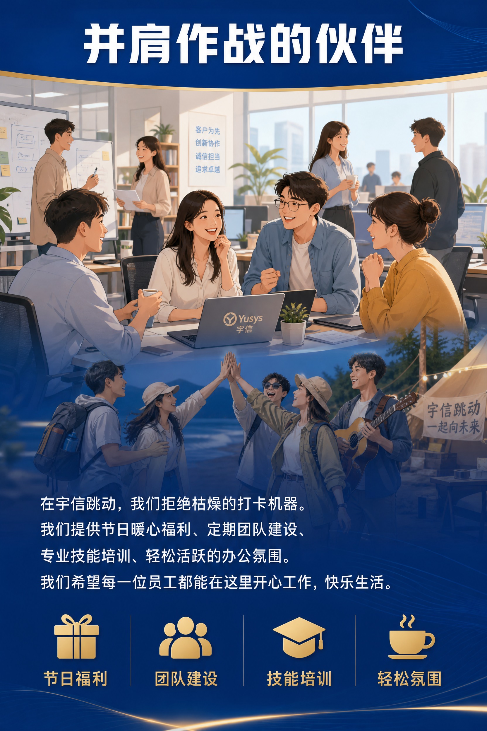 企业宣传册内页，团队与福利介绍，蓝金商务风格，A4竖版。顶部深… - 图片创意预览