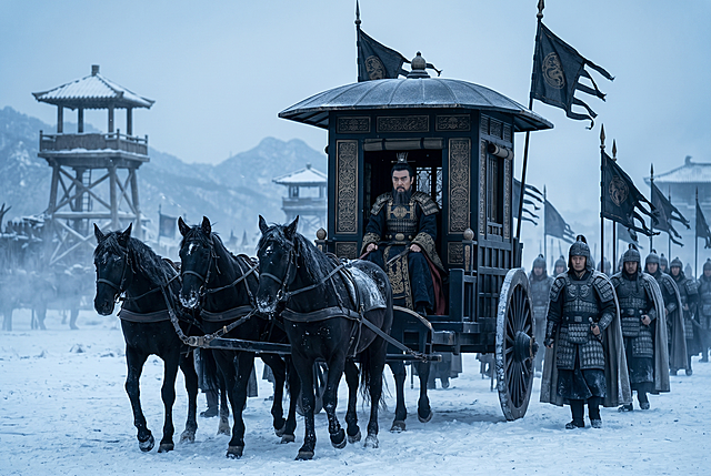 《三国演义》曹操乘马车出行场景，写实电影风格，蓝灰冷调，雪地背景，黑色马车配黑旗，士兵列队护卫，人物服饰细节精致，高质感历史剧画面