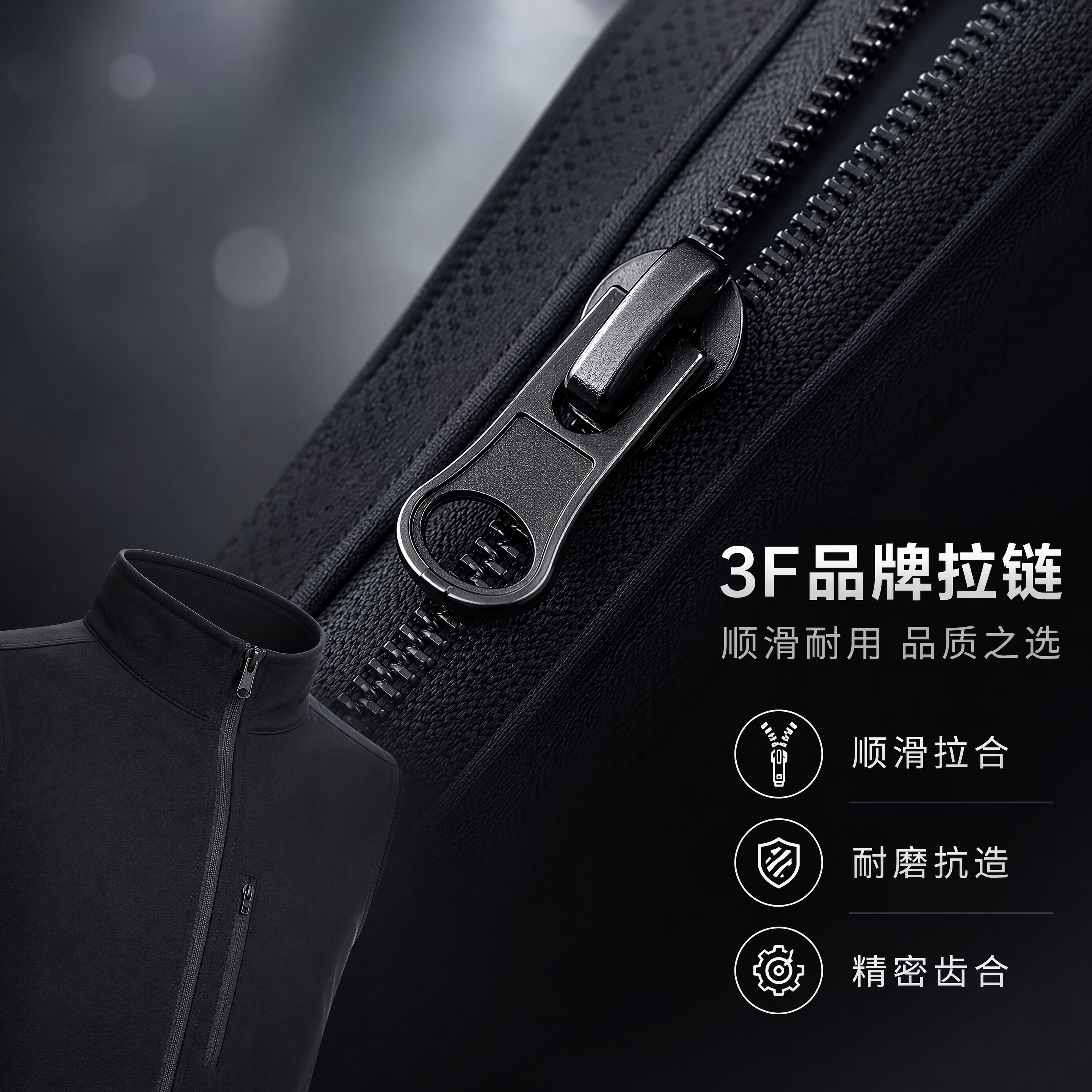 [第6张] 品牌拉链细节页-3F品牌拉链顺滑耐用特写。本张使用… - 图片创意预览