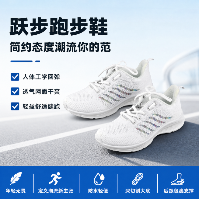 使用电商主图技能生成1张比例1:1的电商主图，适配平台为，商品为「图片1」，商品卖点为跃步跑步鞋，用简约态度潮流你的范！年轻无畏，定义潮流新主张！人力工学回弹性能，贴合脚掌，提升舒适灵活性；鞋面合成革预览效果