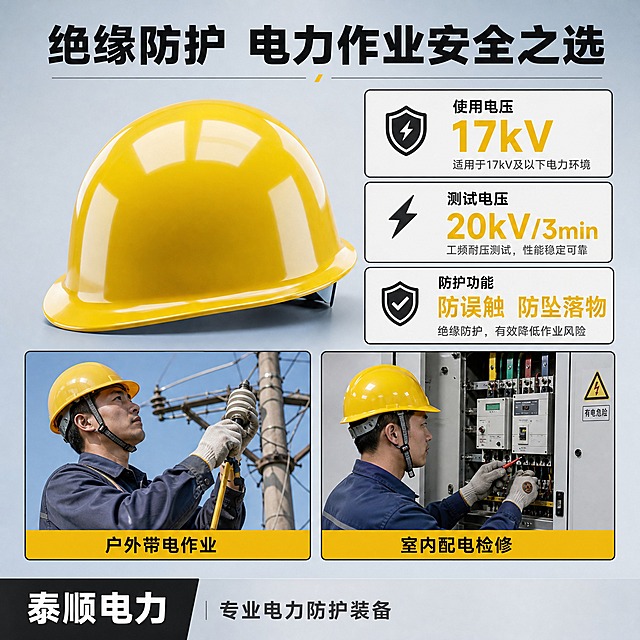 [主图-2] 核心性能参数与使用场景展示图，讲透绝缘防护性能与适用场景，配电力作业场景证据。
[统一基调] 淘宝/天猫五金器械专业品质风格，整体偏工业专业感，背景为浅灰蓝色电力安全主题渐变，主标题字色为深灰近黑，强调色为电力黄与警示红，辅助字色为中灰，字体为粗黑无衬线工业风，字号层级分明，组件采用硬朗矩形卡片与细边框，整体满版高信息密度构图。
[画面] 画面上方为大标题「绝缘防护 电力作业安全之选」，标题下方左侧放置黄色绝缘安全帽主体正面偏侧视角，占画面约45%。右侧为参数信息区，包含三个参数卡片上下排列：第一张卡片「使用电压 17kV」大号数字加小字说明，第二张卡片「测试电压 20kV/3min」大号数字加小字说明，第三张卡片「防护功能 防误触 防坠落物」。画面下方为两个并排的场景小图框，左侧图框展示电力工人佩戴同款安全帽在户外电杆旁作业的场景（仅展示上半身，安全帽清晰），图框下方标注「户外带电作业」；右侧图框展示室内电力检修场景，工人佩戴安全帽操作配电柜，图框下方标注「室内配电检修」。底部通栏放置店铺名「泰顺电力」与「专业电力防护装备」小字。
[光影质感] 商业摄影质感，帽体部分保持与首图一致的光泽与质感，场景小图内光线自然真实，人物安全帽与主体帽外观颜色一致，整体画面明亮专业，阴影柔和。
[配色] 背景主色浅灰蓝渐变，参数卡片白底深灰边框，数字用电力黄强调，场景图框细黑边，标题深灰黑，整体配色与首图统一。
[文字版式] 顶部主标题居中超大粗黑，参数卡片右对齐排列，数字大号醒目，说明文字小号，场景图框下方居中标注，底部通栏店铺名居左，全部横排，文字清晰不遮挡主体。
[输出要求] 1:1正方形，产品清晰不变形，人物正常无畸形，文字清晰无错字，场景真实自然，禁止出现平台logo、水印、多余杂物、模糊、穿模、悬浮。