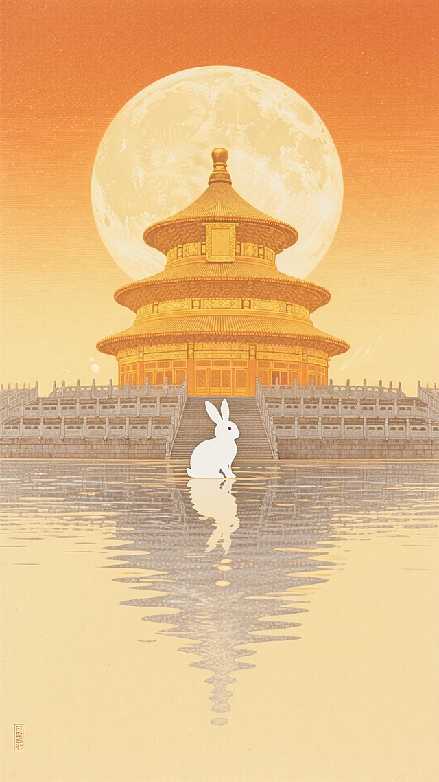 国潮风插画，鎏金寺庙映月，白兔静立水畔，倒影婆娑，中式古典与梦幻静谧交融，中秋佳节神圣意境。