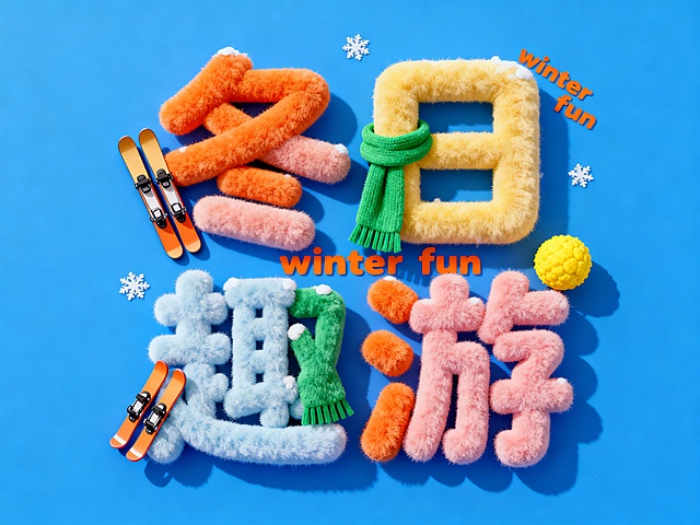 毛发生长风软3D字，拟人化冬日趣游，搭配滑雪板与围巾，萌趣十足，波普色彩点缀，节日氛围感拉满。