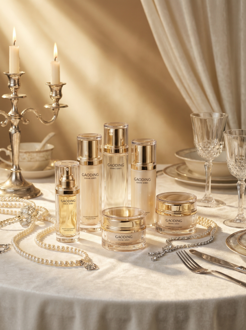 高端美妆商业静物摄影海报，主体为GAODING牌贵妇级护肤品彩妆套装，透明+金色奢华设计，瓶身印GAODING品牌LOGO与系列名，质感高级；产品放置在白色丝绒餐桌布上，周围环绕珍珠项链、钻石饰品、银预览效果