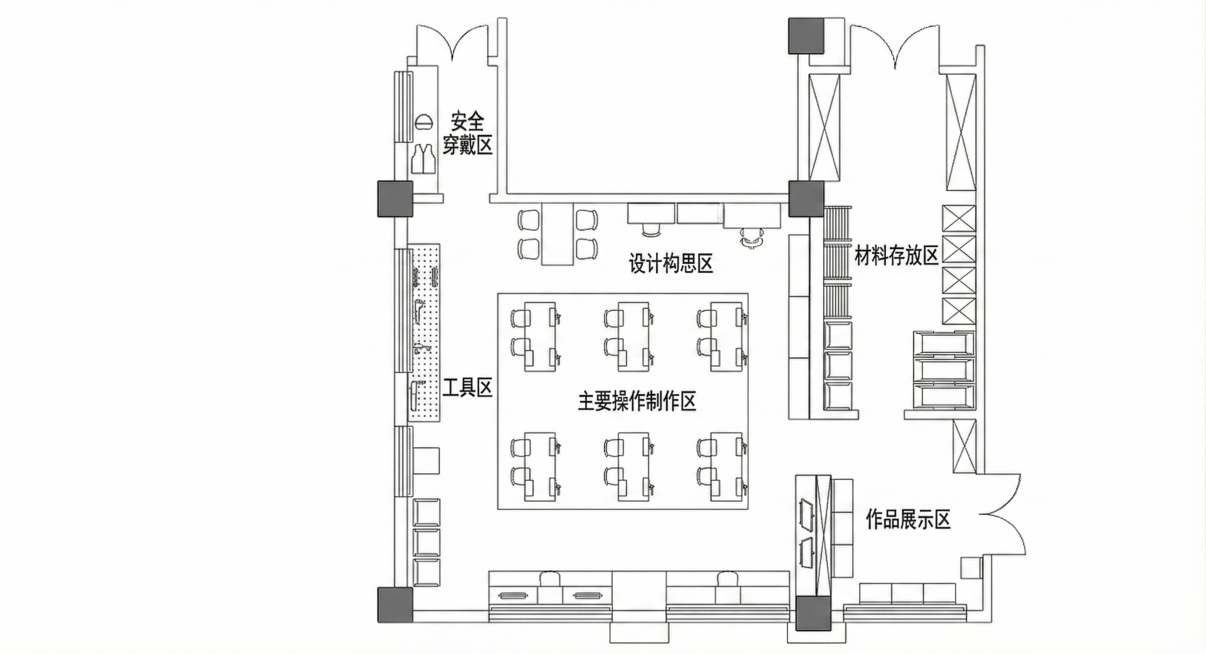 完全保留原图墙体、柱子、门窗所有原始结构，仅做内部功能规划。纯平面顶视图无透视，幼儿园木工坊布局调整为：入口安全穿戴区放在进门左入口，设计构思区在穿戴区右侧，工具区和材料存放区分别靠两侧墙体布置，留出预览效果