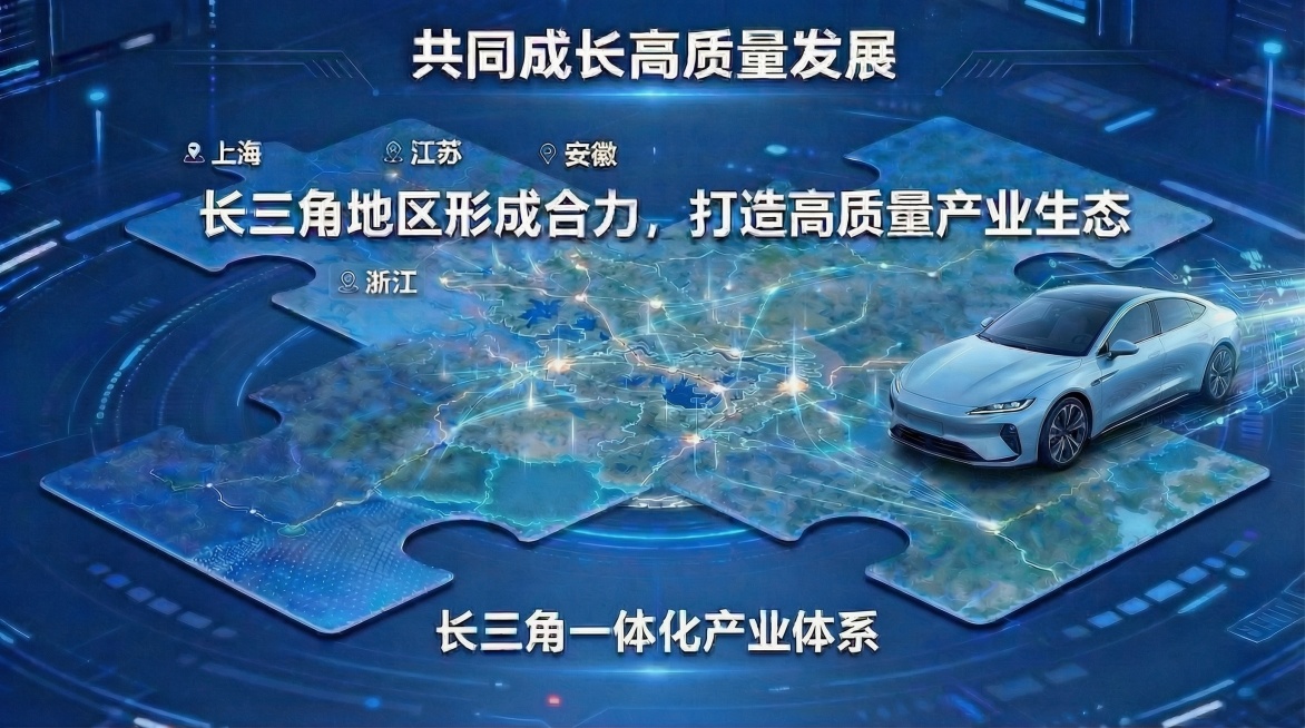 基于原图修改，去掉四省份之间的分界线，不做区域区分，只展示完整的长三角华东版块轮廓，保持整体浑然一体，保留发光线路网络、右侧新能源汽车、全部标题文案，深蓝色科技背景，体现一体化浑然天成，只清晰显示长三预览效果