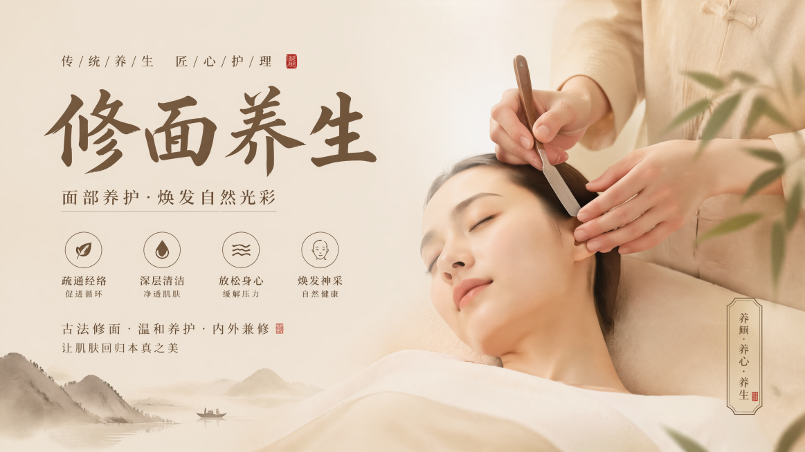 修面养生海报设计平面图，粒子画质，超清4K，简约养生风格，背景色与采耳海报相近，不添加联系方式和地址预览效果