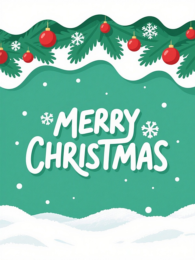 白色背景，圣诞主题，顶部装饰绿色波浪形圣诞树枝，点缀红色圣诞球和白色雪花，底部有蓬松的白色积雪，中央用白色手写风格字体书写“MERRY CHRISTMAS”，整体采用平面设计风格，色彩明快，视觉层次清晰，营造温馨欢快的节日氛围。