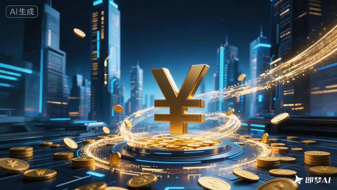 生成与参考图风格一致的金融赋能产业升级主题图片，科技风未来都市背景，金色人民币符号、金币、发光数据流元素，蓝金配色，大气专业的视觉效果预览效果