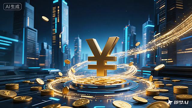 生成与参考图风格一致的金融赋能产业升级主题图片，科技风未来都市背景，金色人民币符号、金币、发光数据流元素，蓝金配色，大气专业的视觉效果