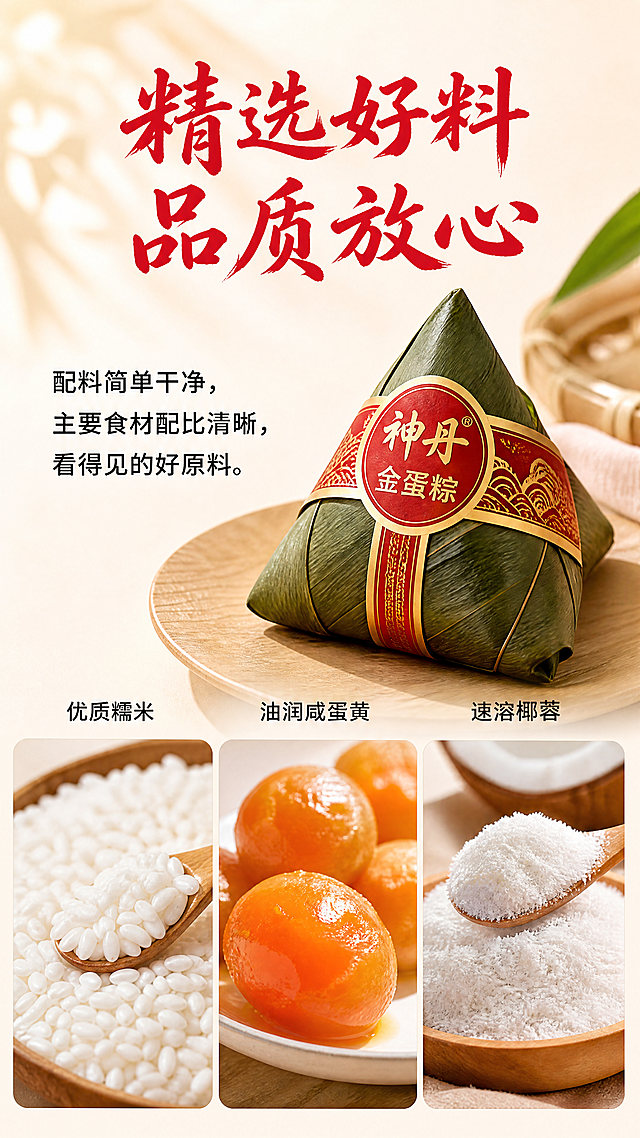 「图片1」「图片1」「图片1」「图片1」「图片1」「图片1」，生成一套详情页，商品名称为神丹金蛋粽，适配淘宝/天猫平台，单图比例为9:16，需求屏数为8张。