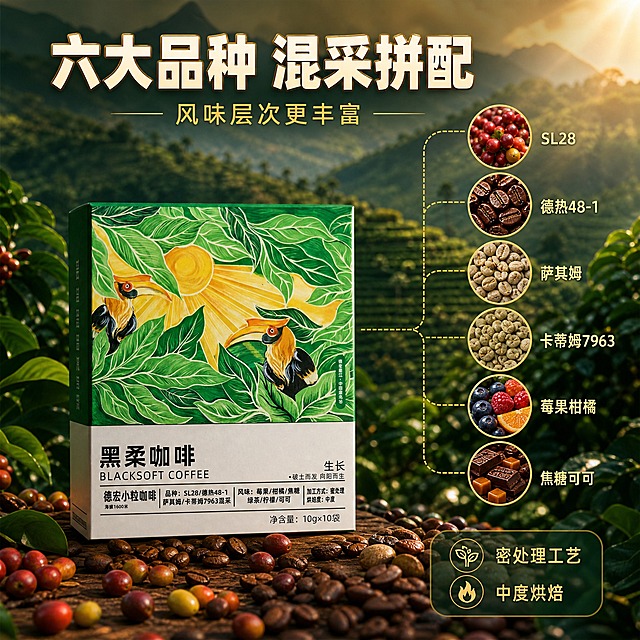 [主图-2] 核心亮点与产地溯源 六大品种混采 风味层次丰富。
[统一基调] 整体风格：自然清新精品咖啡风 抖音强视觉冲击 高清实拍质感；背景主色：深绿渐变+暖金色阳光光斑；标题字色：米白色粗黑体 叠加轻微金色描边；辅助字色：浅金色细黑体；强调色：暖金色；字体样式：主标题粗黑体厚重有力 辅助文细黑体清爽；卡片样式：半透明深绿圆角卡片 金色细描边。
[画面] 产品咖啡盒位于画面中央偏左 占比约40% 正面视角；右侧以咖啡盒为起点 用金色细虚线引线连接六个圆形风味原料图标 每个图标内是对应品种咖啡豆或风味原料微距特写 分别标注"SL28""德热48-1""萨其姆""卡蒂姆7963""莓果柑橘""焦糖可可"；背景是云南咖啡种植园山地场景 层层梯田咖啡树 远山云雾 阳光穿透；底部散落烘焙咖啡豆与新鲜咖啡果。
[光影质感] 自然侧逆光 阳光从右上方洒下 咖啡盒与图标均有柔和高光 背景景深虚化 突出主体与信息图标 整体通透有层次。
[配色] 深绿山林背景 暖金色引线与强调 米白文字 咖啡棕与果色点缀 自然和谐。
[文字版式] 顶部大标题"六大品种 混采拼配" 粗黑体米白色居中；下方小字"风味层次更丰富" 细黑体浅金色；六个圆形图标下方各配品种名称小字；右下角半透明卡片内"密处理工艺 中度烘焙"。
[输出要求] 比例1:1 文字清晰可读 产品清晰 信息图标精致；负向：变形 错字 模糊 杂乱 水印 平台Logo 低质素材 表格化排版。