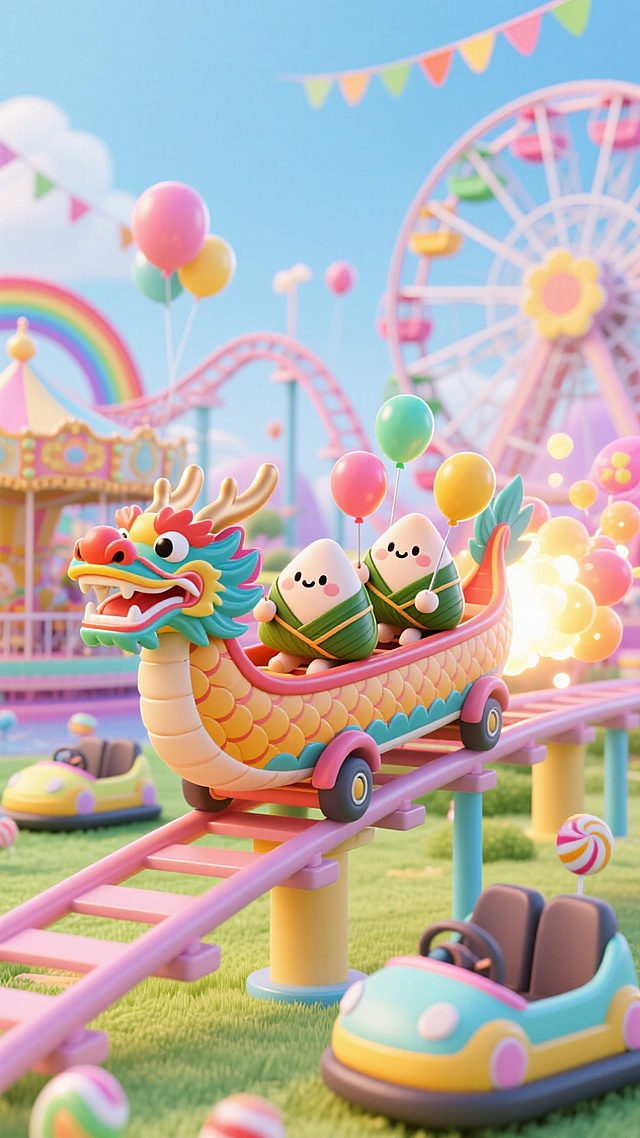 一艘龙舟造型的过山车在轨道上，巨大的龙头，车上坐着2个卡通三角粽子人偶，拿着气球，龙头为梦幻车头，车尾喷出多巴胺光焰；背景是梦幻游乐场，有摩天轮、旋转木马，气球彩带，彩虹，过山车下面有碰碰车等