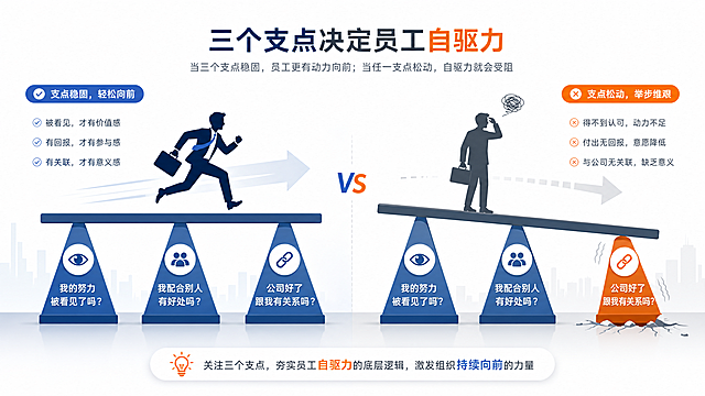 PPT商务插图，扁平化简约风格，16:9横版构图。画面中央是一个由三个支点支撑的平衡杠杆/跷跷板结构，三个支点分别标注文字："我的努力被看见了吗？"、"我配合别人有好处吗？"、"公司好了跟我有关系吗？"。杠杆上方有一个正在向前奔跑的职场人物剪影，姿态积极主动。画面左右两侧形成对比：左侧支点稳固时人物轻松奔跑，右侧支点松动时人物停滞不前。配色采用蓝、橙、灰的商务色系，背景干净简洁，适合PPT插入。整体风格现代、专业、有寓意，清晰传达"三个支点决定员工自驱力"的管理概念。