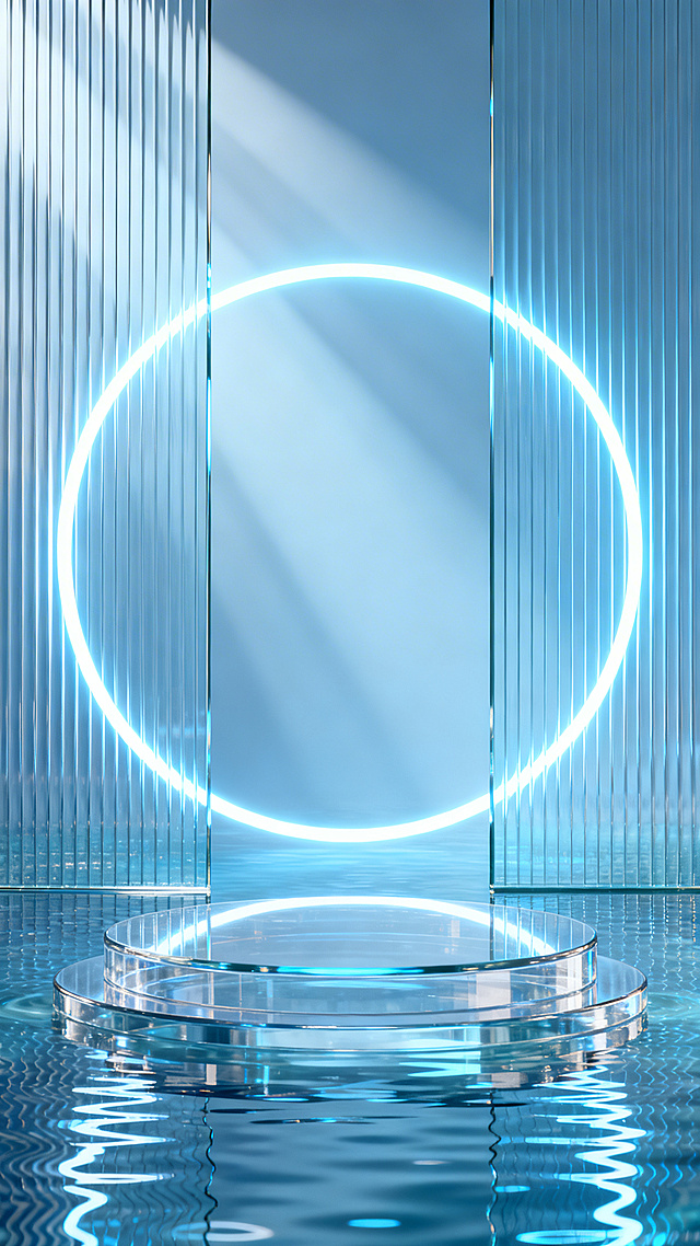 未来感 3D 产品展台，透明水面，发光圆环，竖纹玻璃，冷调蓝光，柔和光束，空灵科技氛围，超写实，高清，无文字，无水印