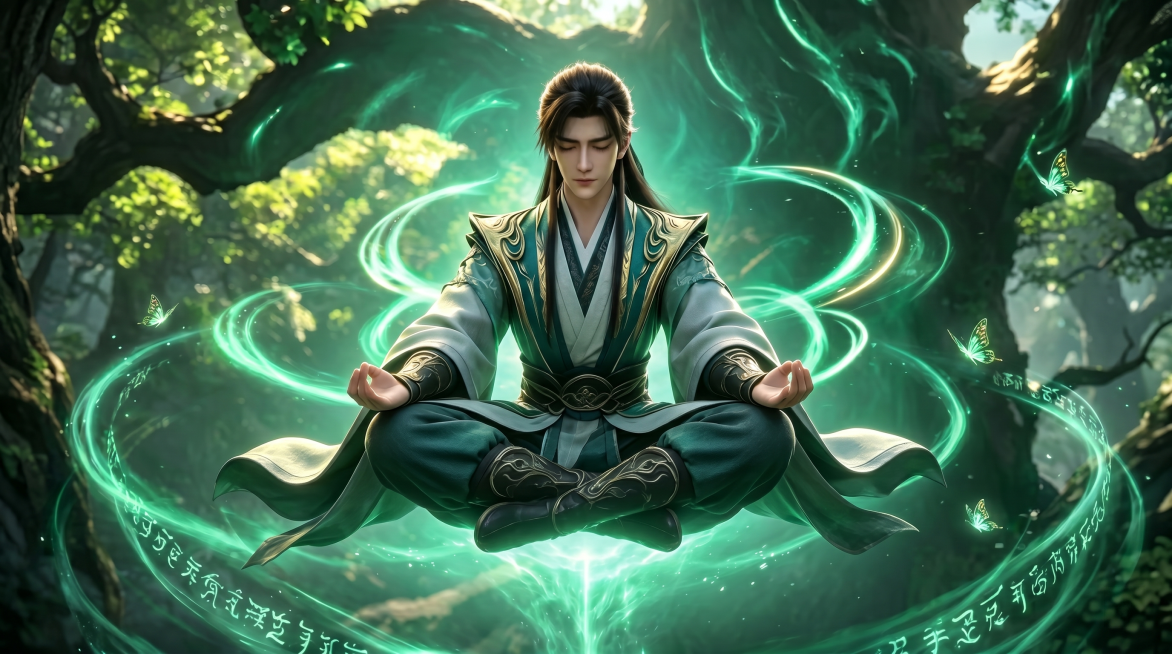 修仙男主闭着眼睛盘坐修炼，周身环绕青色灵气，古风仙侠，画质精美预览效果
