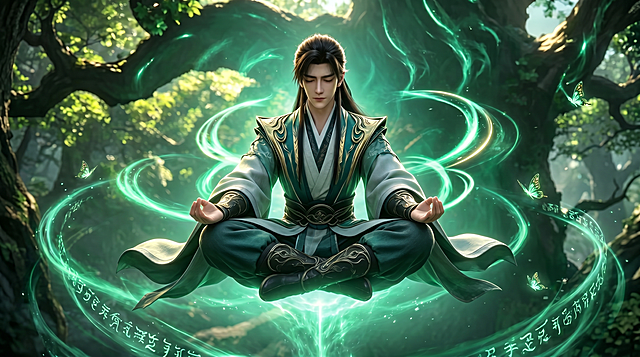 修仙男主闭着眼睛盘坐修炼，周身环绕青色灵气，古风仙侠，画质精美