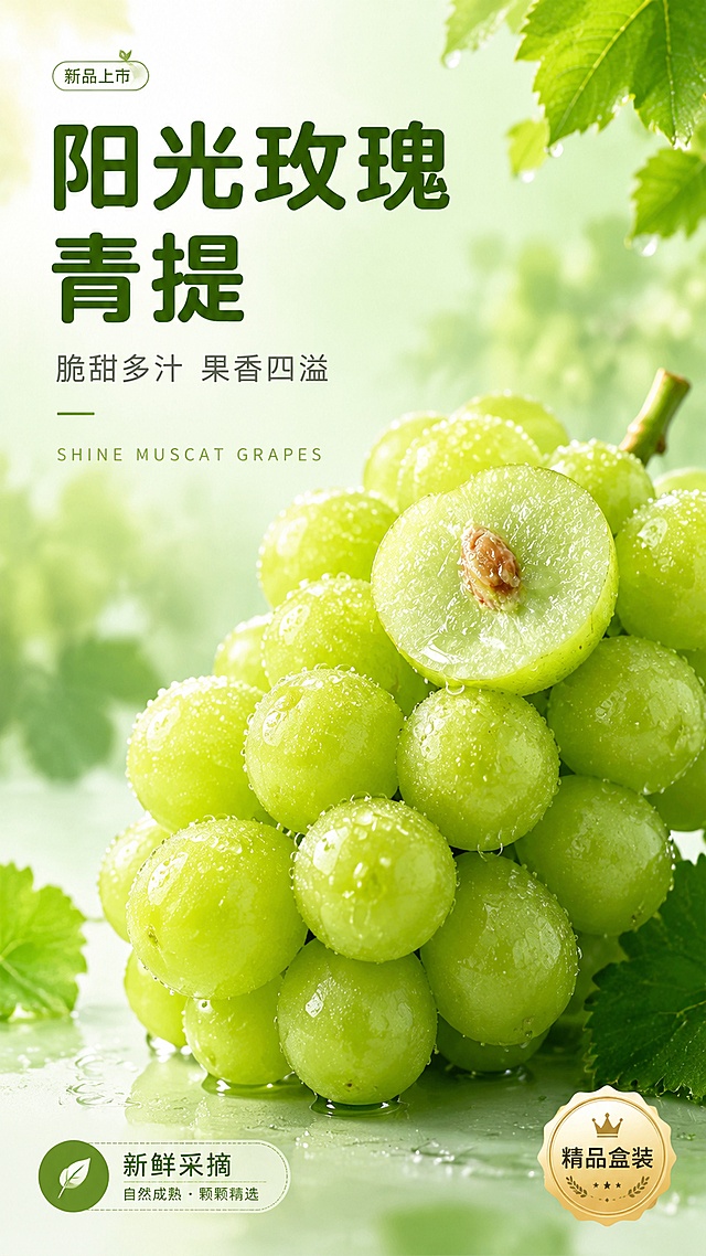 [第1屏] 详情页头图主视觉 - 阳光玫瑰青提新品宣传海报。本屏使用【图1】作为商品主体，保留青提果实的翠绿通透质感与水珠细节。
[氛围/风格] 清新高级生鲜风，水润通透，商业摄影质感，自然光感，夏日清爽氛围。
[元素布局] 青提果串置于画面中下偏右，占比约60%-65%，果实饱满翠绿带水珠，晶莹剔透；左上留大面积标题区，背景为渐变浅青绿色虚化果园叶片；前景散落几片新鲜绿叶与水滴点缀；果实物理结构、颜色、质感与输入产品图一致，不改变果实形态。
[光影质感] 左上方柔和自然光照明，果实表面有清晰高光水珠，右下自然柔和投影，整体明亮通透有呼吸感。
[配色色系] 全局底色 #E8F5E9 浅青绿渐变；主色翠绿青提色；辅助色米白、深绿叶片；点缀色金色标签。
[视角构图] 45°微俯视，果串为视觉中心，阅读动线左上标题 → 中部果串 → 底部信息条。
[文字版式] 左上标题区 + 中部果串 + 底部信息条。主标题「阳光玫瑰青提」，副标题「脆甜多汁 果香四溢」，温润圆角黑体，主标题深绿色加粗，副标题浅灰色；标题下方英文装饰「SHINE MUSCAT GRAPES」；底部左侧卖点标签「新鲜采摘」，右下角「精品盒装」；文字不遮挡果实主体。
[比例分辨率] 9:16 竖版比例，4K 分辨率，文字清晰可辨，高清画质。
[负向提示词] 果实变形，颜色偏差，缺粒坏果，水印，文字错乱，产品图模糊，背景杂乱，发黑发暗。