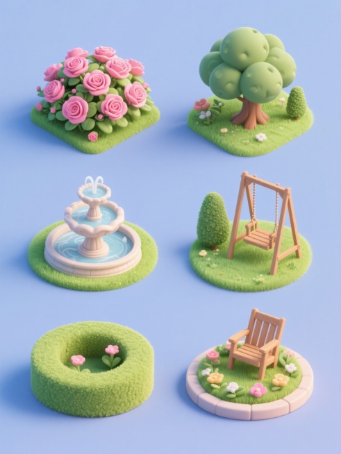 软3D风格插画，纯色背景，保持原插画的光影效果和物体立体感，整体色彩变换为清新明快的色调，画面中规整排布六个完全不同的花园元素：盛开的粉色玫瑰丛、三层欧式喷泉、修剪整齐的绿色草坪、枝繁叶茂的橡树、木质秋千椅和圆形花坛，每个元素细节丰富，边缘圆润，色彩过渡柔和，整体呈现出和谐统一的花园主题系列素材集合。预览效果