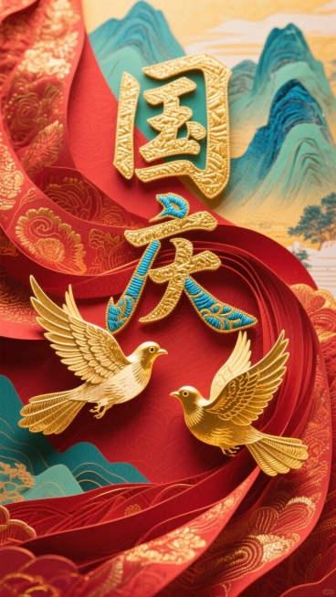 国潮风格庆祝国庆主题竖版海报，主体为“国庆”二字（采用金色刺绣质感，带有精致花纹纹理，部分笔画辅以蓝色刺绣点缀），搭配两只姿态灵动的金色和平鸽（翅膀有金属光泽与细腻羽毛细节）；背景是带有华丽织物纹理与预览效果