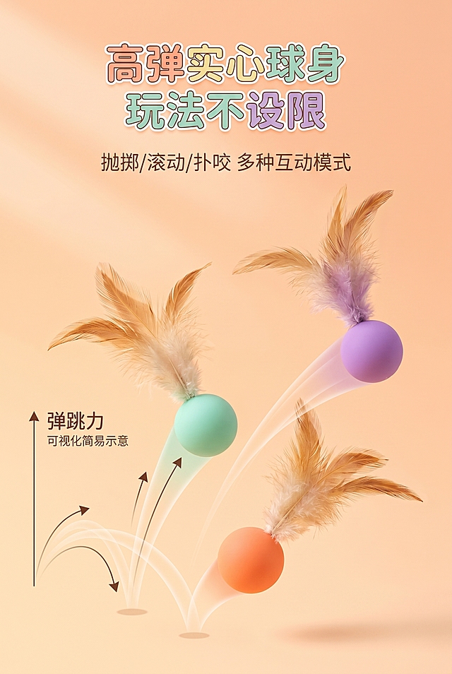 2:3竖版电商详情卖点页，马卡龙清新风+哑光质感风，严格还原上传的羽毛弹力逗猫球产品，产品尺寸比例1:1精准还原。画面展示逗猫球弹跳的动态瞬间，搭配浅淡弹跳轨迹线条呈现高弹特性，三颗不同颜色的球错落呈现动态悬浮感，背景为浅橙色哑光渐变底色。字体采用气泡可爱文字+无衬线极简文字，主标题 "高弹实心球身 玩法不设限" 用气泡可爱字体放在画面顶部，副标题 "抛掷/滚动/扑咬 多种互动模式" 用无衬线极简字体放在主标题下方，侧边搭配弹跳力可视化简易示意。整体采用大小层级排版，动态感强，画面活泼治愈，高清写实质感，风格统一。