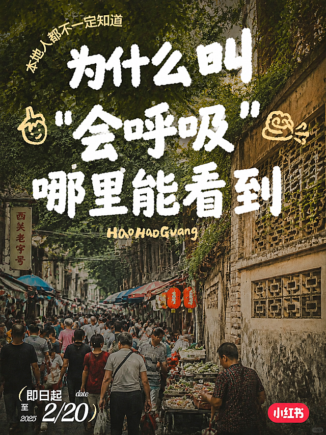 替换图片文字为“为什么叫“会呼吸”哪里能看到”，保留原有复古市井风格和画面布局，保持广州老西关街巷背景不变